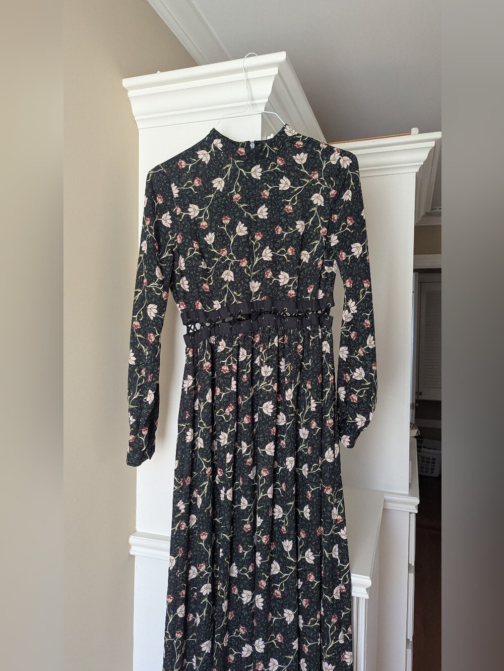 Topshop Black Floral Long-Sleeve Maxi Dress with Pink & Cream Blooms